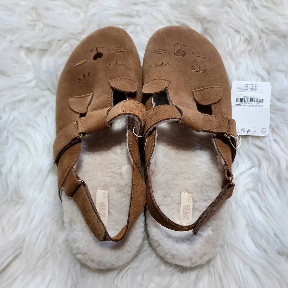 Zara Girls Tan Suede Leather Animal-Accent Sandals Clogs Sz-6